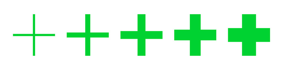 Plus green sign set thin to bold. Medicine vector eps icons. Medical symbol collection on white background. Various pharmacy isolated crosses