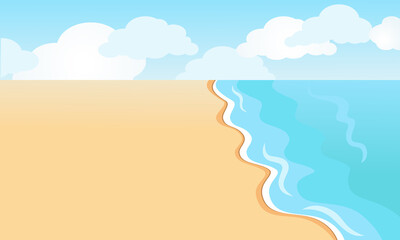 Sea sandy shore with clouds and waves in cartoon flat style. Blue sky and water and clean yellow sand. The mood of freedom and serenity.
