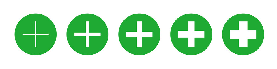 Obraz premium Plus sign set thin to bold in green circles. Medicine vector eps icons. Medical symbol collection on white background. Various pharmacy isolated crosses
