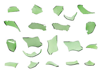 set of green glass shards isolated on white background