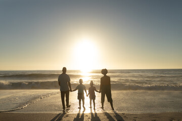 Full length rear view of african american family holding hands while looking at sunset over sea - Powered by Adobe