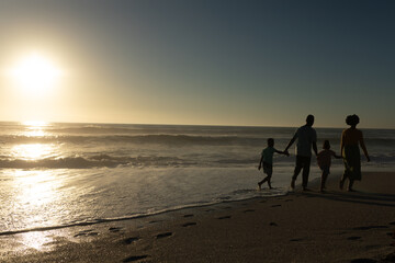 African american family walking while holding hands at beach with copy space during sunset