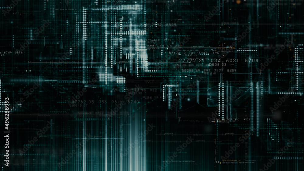 Leinwandbilder Futuristic abstract de-focus flowing data matrix, telemetry and encrypt numbers display with particles simulation for head up display in cyber space environment background