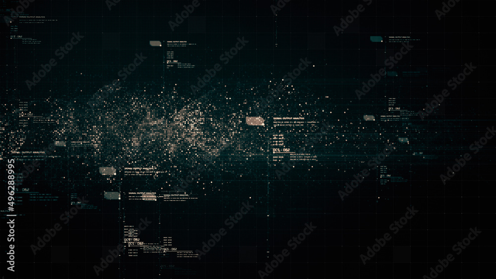 Aufkleber Futuristic abstract de-focus flowing data matrix, telemetry and encrypt numbers display with particles simulation for head up display in cyber space environment background