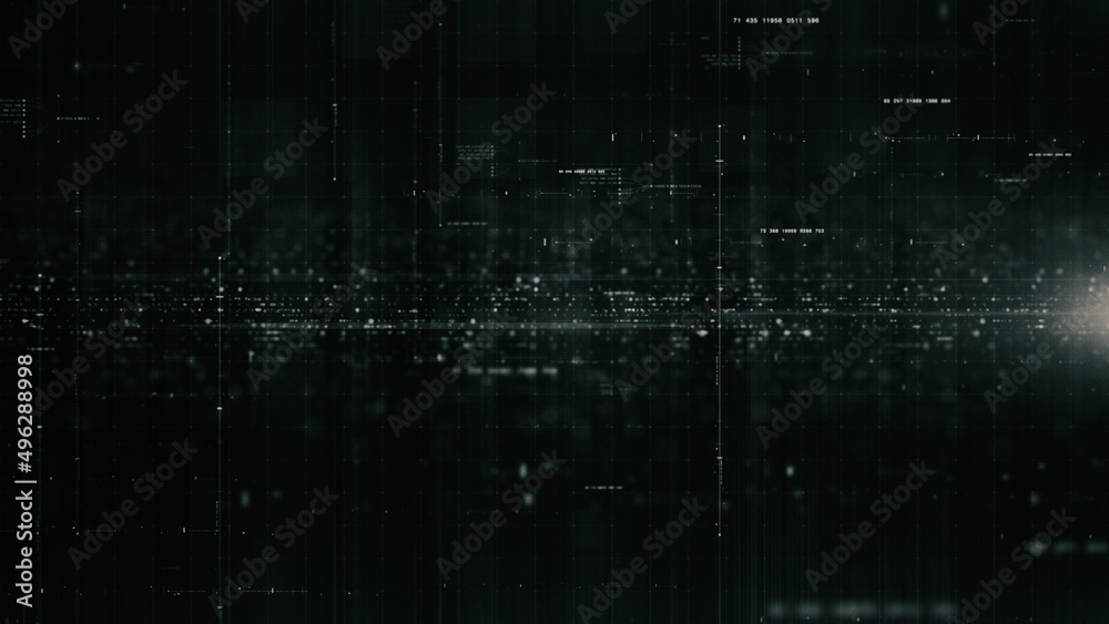 Leinwandbilder Futuristic abstract de-focus flowing data matrix, telemetry and encrypt numbers display with particles simulation for head up display in cyber space environment background