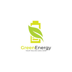 Renewable green energy logo template design. Electric charge leaf icon. Sustainable eco power company symbol. Vector illustration.