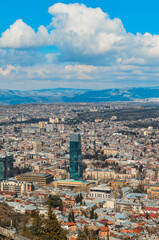 Panoramic view of the snow-covered city of Tbilisi spring