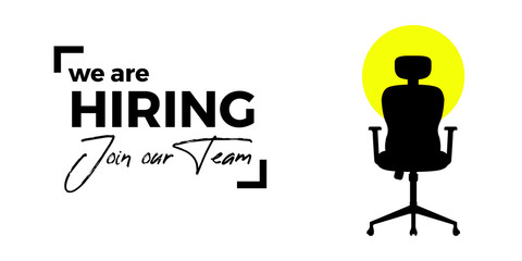we are hiring join our team announcement banner with black chair isolated on a white background, hiring now banner