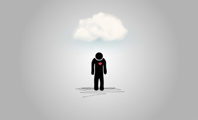 Obraz premium Sad stick person heart broken with cloud about head, conceptual, sad Joe, copy space
