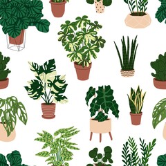Seamless pattern with room plants in the pots. Paper and textile decor. Interior design. Modern Home plants. Flat style in Vector illustration.