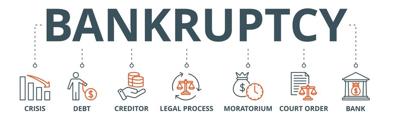 Bankruptcy banner web icon vector illustration concept with icon of crisis, debt, creditor, legal process, moratorium, court order, and bank - obrazy, fototapety, plakaty