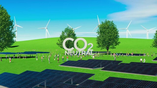 爽やかな草原に建つ脱炭素のシンボルと風力発電の風車 / カーボンニュートラル・脱炭素社会・再生可能エネルギー・サステナブルのコンセプトイメージ / 3Dモーショングラフィックス