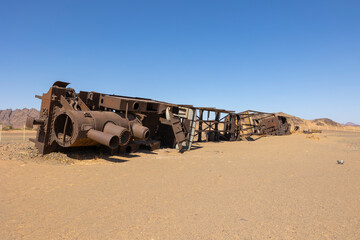 Abandoned Hejaz train wrecks from the Ottoman era in the Saudi Arabian desert near Medina