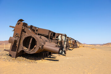 Abandoned Hejaz train wrecks from the Ottoman era in the Saudi Arabian desert near Medina