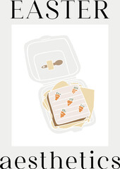 Happy Easter. Modern flat Easter poster with carrot bento-cake. Aesthetics of spring. Cute illustration. Easter decor. Hello spring. Modern greeting poster on a gray background 