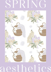 Fototapeta na wymiar Happy Easter. Modern flat Easter poster. Pattern with dog, picnic basket and flowers. Aesthetics of spring. Cute pattern on a purple background. Easter decor. Hello spring. Modern greeting card
