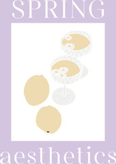 Happy Easter. Modern flat Easter poster. Pattern with dog, picnic basket and flowers. Aesthetics of spring. Cute pattern on a purple background. Easter decor. Hello spring. Modern greeting card