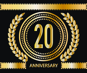 20 years anniversary celebration logotype. Vector and illustration in gold and black background