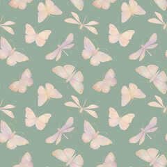 Digitally processed seamless botanical pattern. Raster texture of animalistic design. Delicate watercolor butterflies collected in a seamless pattern for design.