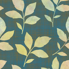 Prints of abstract branches with leaves repeating seamless pattern. Digital hand drawn picture with watercolor texture. Leaves seamless watercolor pattern. endless motif for textile decor and design