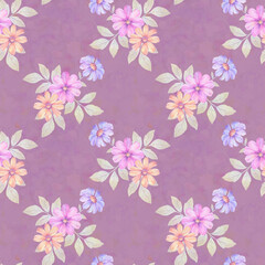 Watercolor flower prints with leaves repeating seamless pattern. Digital hand-drawn picture of flowers with a watercolor texture. endless motif for textile decor, wallpaper, packaging and design