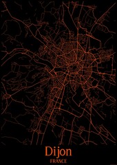 Black and orange halloween map of Dijon France.This map contains geographic lines for main and secondary roads.