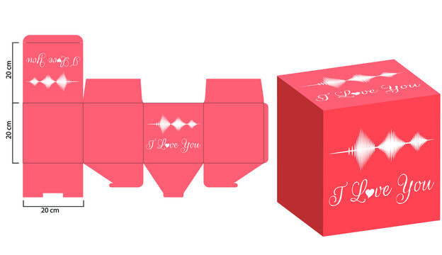 Digital box template with 'I Love you' soundwave design vector laser files. Laser cutting vector files for laser cut. Gift box template.