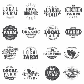 Farm 16 badges monochrome set. Collection of organic farming and natural products labels and stickers. Isolated. Vector.