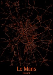 Black and orange halloween map of Le Mans France.This map contains geographic lines for main and secondary roads.