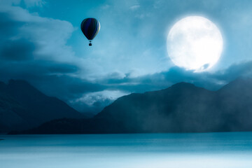 Magical Night Scene with Full Moon in cloudy sky and Hot Air Balloon Flying