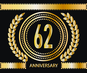62 years anniversary celebration logotype. Vector and illustration in gold and black background