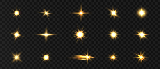 The golden light of the star shines and sparkles on a transparent background. Vector isolated set of sun glow and starlight icons with lens flare effect.