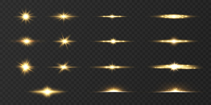 The golden light of the star shines and sparkles on a transparent background. Vector isolated set of sun glow and starlight icons with lens flare effect.