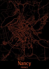 Black and orange halloween map of Nancy France.This map contains geographic lines for main and secondary roads.