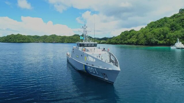 aerial shot of patrol boat P.S.S Remeliik 2 at anchor in Palau.