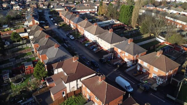 Aerial view of a British street of council houses in Manchester UK