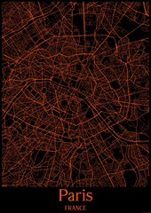 Black and orange halloween map of Paris France.This map contains geographic lines for main and secondary roads.