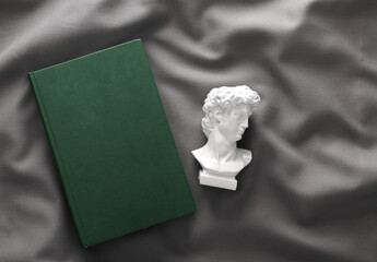 David plaster bust with book on gray crumpled silk background