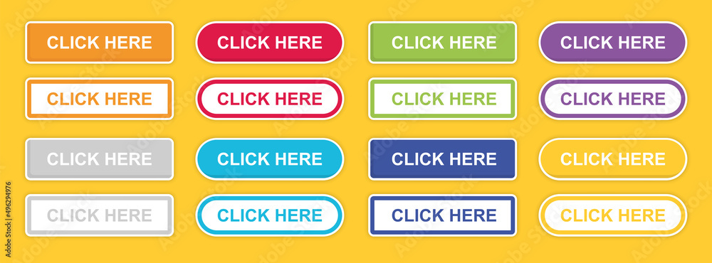 Poster click here button with arrow pointer clicking icon. click here vector web button. web button with ac