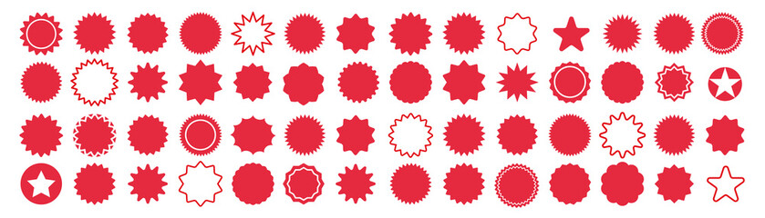 Set of sale vintage stickers. Sunburst, starburst icons on a white background. Simple flat style price tag, discount labels. Vector illustration.