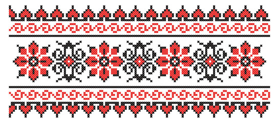 Ukrainian national cross-stitch vector ornament scheme of flowers. Black and red illustration