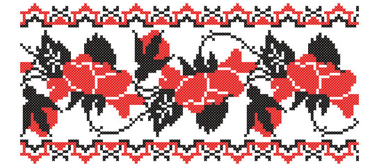 Ukrainian national cross-stitch vector ornament scheme of flowers with frame. Black and red illustration