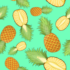 Whole and cut pineapple random repeat seamless pattern. Tropical fruit endless texture. Irregular boundless background. Bright summer surface design. Editable tile for cloth, interior, copybook cover