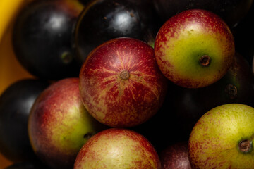 Fruits of Camu Camu (Myrciaria dubia), grows on the banks of the rivers of the Amazon, is very common in the markets, also used for the preparation of soft drinks, desserts and liqueurs, has a very pl