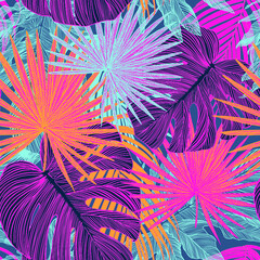 seamless vector bright coloristic juicy tropical exotic patterns with tropical banana leaves and yreka and monstera. Vibrant colors and prints for surface design