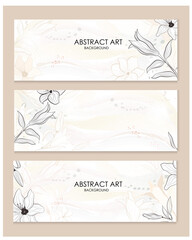 Three vector posters with flowers in line art style on a watercolor background. Abstract background.	