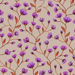 Seamless floral background with small purple flowers hand-drawn in watercolor.