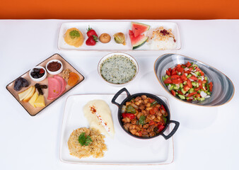 Image of dessert plate, salad, garnish dish, highland soup and chicken hair pan dish with isolated on white-orange background in isolated environment.