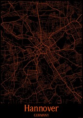 Black and orange halloween map of Hannover Germany.This map contains geographic lines for main and secondary roads.