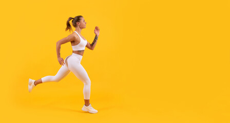 Fototapeta na wymiar sport woman runner running on yellow background. copy space